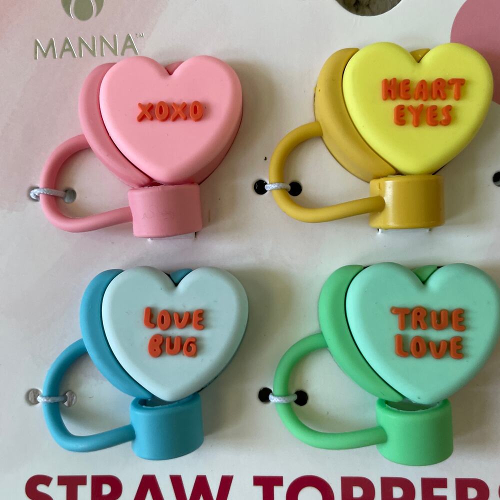 Conversation Heart Straw Toppers 6pk Valentines Day Multicolor Silicone XO New - Picture 3 of 12